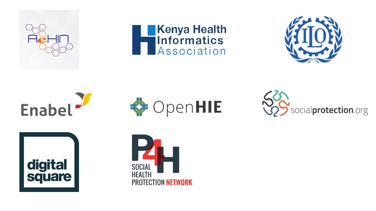 Logos of AeHIN, KeHIA,ILO, Enabel, OPENHIE, Socialprotection.org, Digitals Square and P4H
